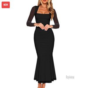 Ruched Bodycon Long Sleeve Maxi Dress Mesh Square Neck Cocktail Party